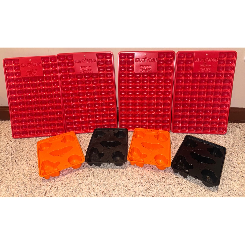8pc Vintage Jell-O Molds Set 4 Red Jello Beans 4 Halloween Bats Pumpkins Cats